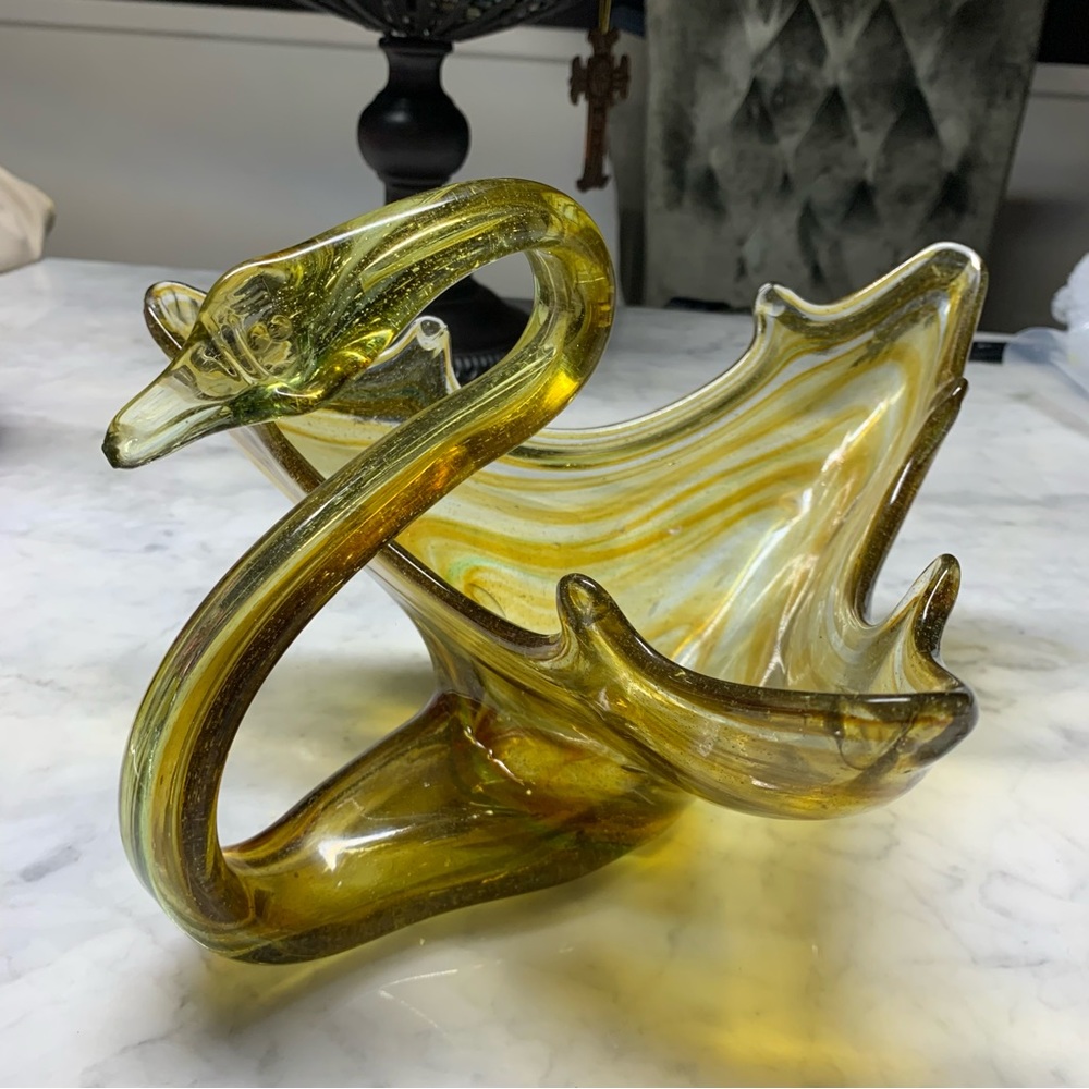 Large Art Glass Swan Decorative Bowl Golden Brown MCM VTG 12”